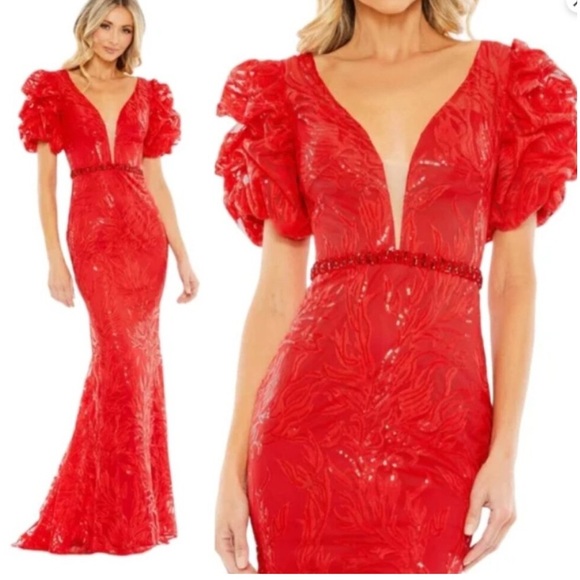 MAC DUGGAL Embellished Puff Sleeve Plunge Neck Trumpet Gown NWT Red Size 6 - Picture 3 of 6